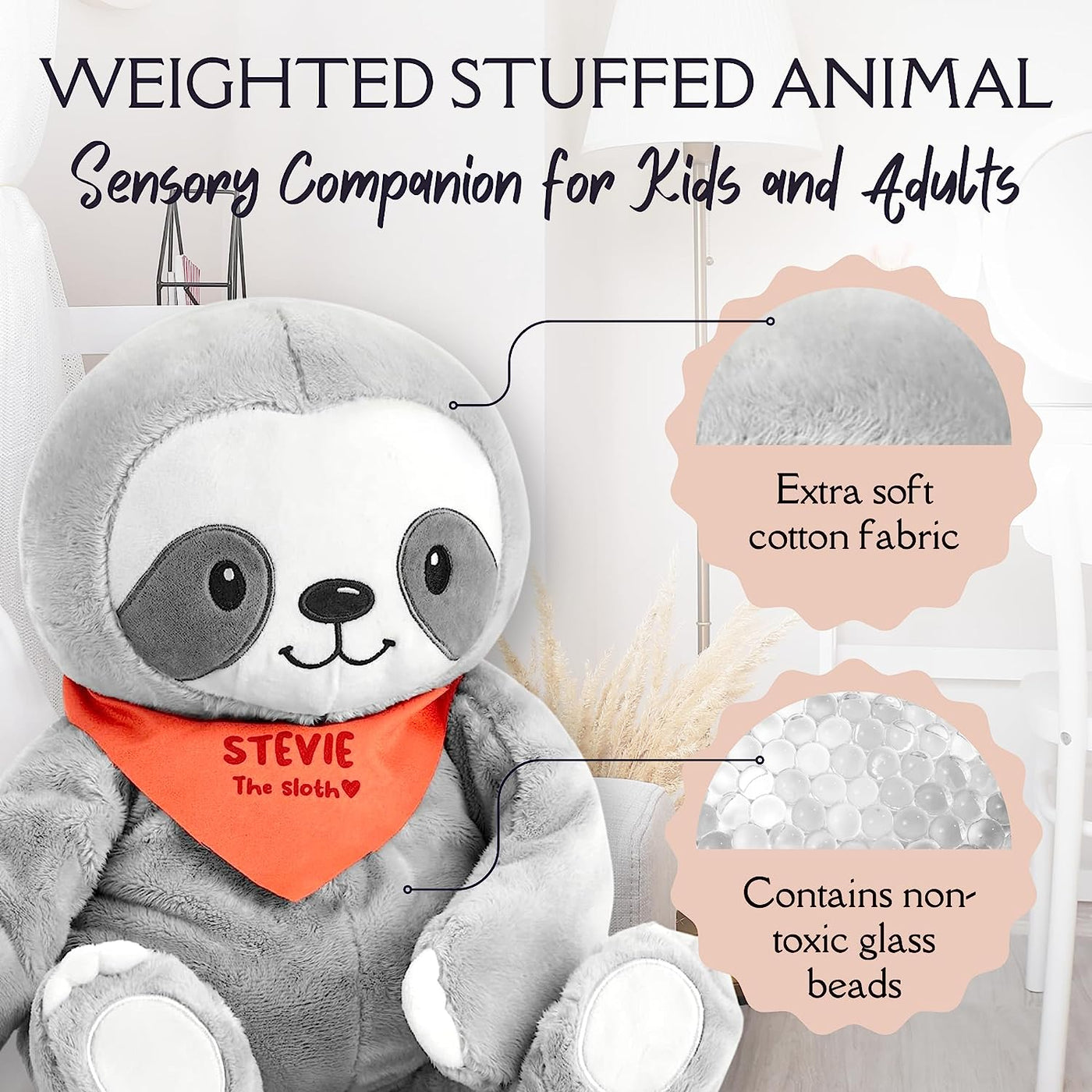 Lilly's Love Stevie The Sloth Large 4.5lb Weighted Stuffed Animal | Sensory Companion for Kids and Adults | Machine Washable w/Removable Inner | Makes